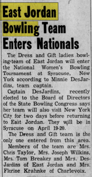 Gemini Lanes (Teen Zone, East Jordan Recreation, The Zone Sports Lounge) - Apr 15 1954 Article
